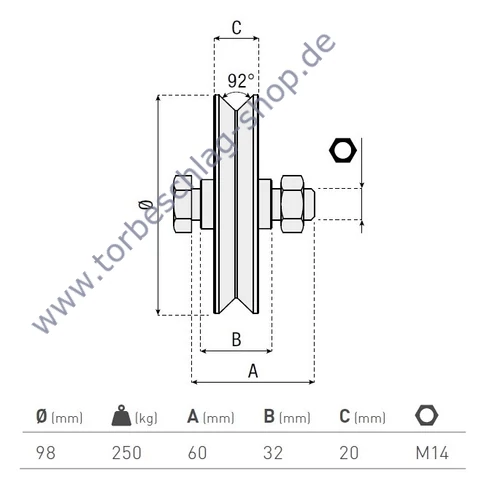 Schiebetorrolle Ø98mm, mit V92° Profil, kugelgelagert, M14, Traglast 250kg