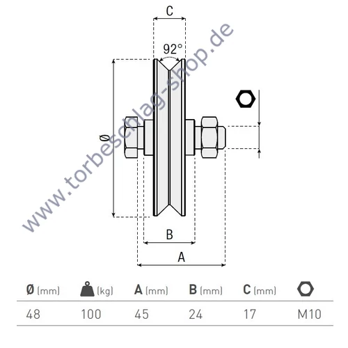 Schiebetorrolle Ø48mm, mit V92° Profil, kugelgelagert, M10, Traglast 100kg