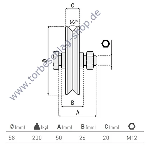 Schiebetorrolle Ø58mm, mit V92° Profil, kugelgelagert, M12, Traglast 200kg
