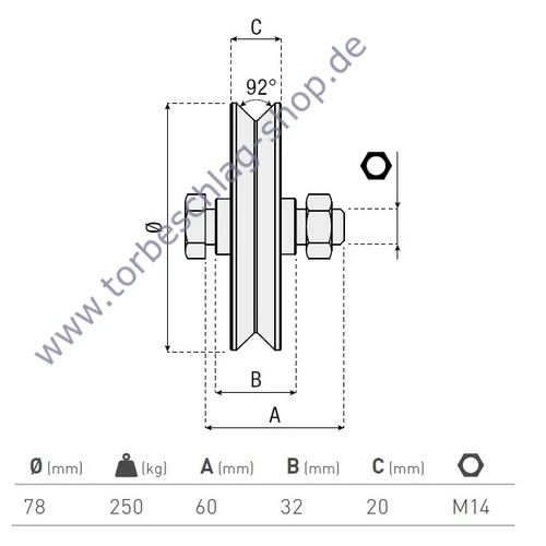Schiebetorrolle Ø78mm, mit V92° Profil, kugelgelagert, M14, Traglast 250kg