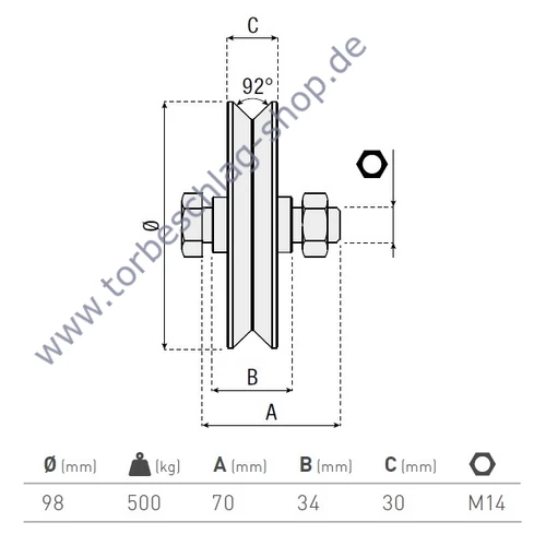 Schiebetorrolle Ø98mm, mit V92° Profil, doppelt kugelgelagert, M14, Traglast 500kg
