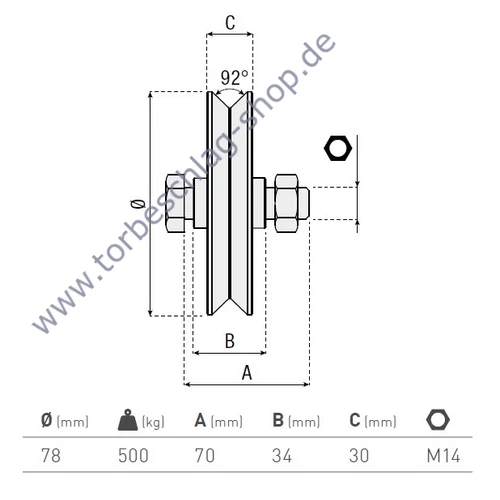 Schiebetorrolle Ø78mm, mit V92° Profil, doppelt kugelgelagert, M14, Traglast 500kg