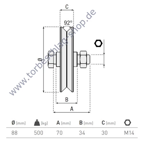 Schiebetorrolle Ø88mm, mit V92° Profil, doppelt kugelgelagert, M14, Traglast 500kg