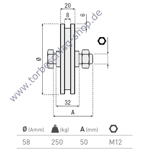 Schiebetorrolle Ø58mm, mit vierkant Profil 8mm, kugelgelagert, M12, Traglast 250 kg