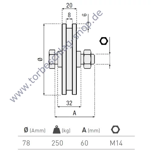 Schiebetorrolle Ø78mm, mit vierkant Profil 8mm, kugelgelagert, M14, Traglast 250 kg
