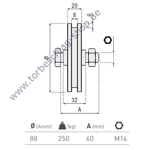 Schiebetorrolle Ø88mm, mit vierkant Profil 8mm, kugelgelagert, M14, Traglast 250 kg