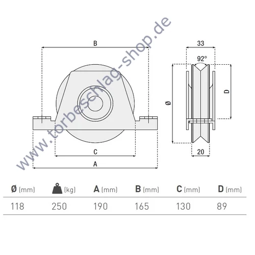 Schiebetorrolle mit Innen-Stützbock, Ø118mm, V92° Profil, kugelgelagert, Traglast 250 kg