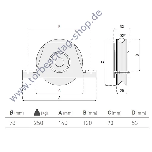 Schiebetorrolle mit Innen-Stützbock, Ø78mm, V92° Profil, kugelgelagert, Traglast 250kg