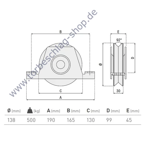 Schiebetorrolle mit Innen-Stützbock, Ø138mm, V92° Profil, doppelt kugelgelagert, Traglast 500 kg