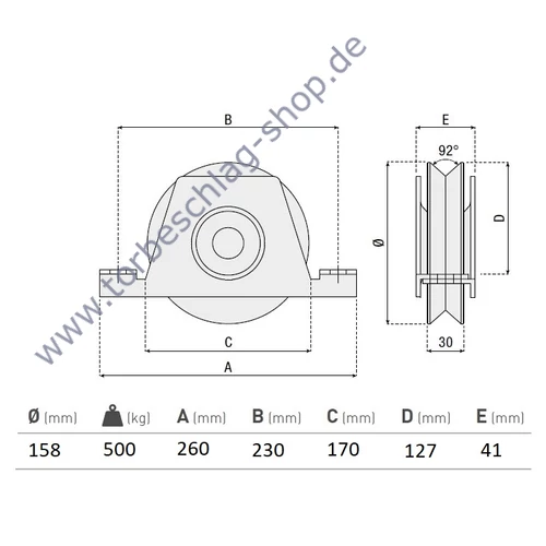 Schiebetorrolle mit Innen-Stützbock, Ø158mm, V92° Profil, doppelt kugelgelagert, Traglast 500 kg