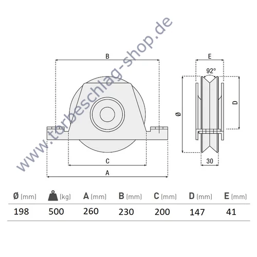 Schiebetorrolle mit Innen-Stützbock, Ø198mm, V92° Profil, doppelt kugelgelagert, Traglast 500 kg