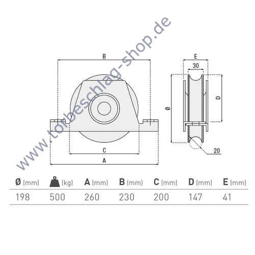 Schiebetorrolle mit Innen-Stützbock, Ø198mm, U Ø20mm Profil, doppelt kugelgelagert, Traglast 500 kg