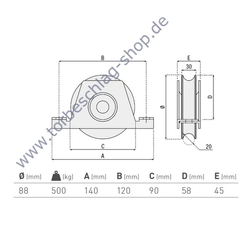 Schiebetorrolle mit Innen-Stützbock, Ø88mm, U Ø20mm Profil, doppelt kugelgelagert, Traglast 500 kg
