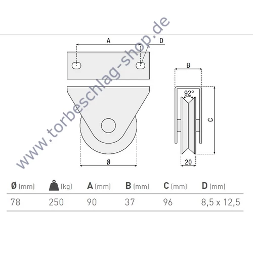 Schiebetorrolle mit Außen-Stützbock, Ø78mm, V92° Profil, kugelgelagert, Traglast 250 kg