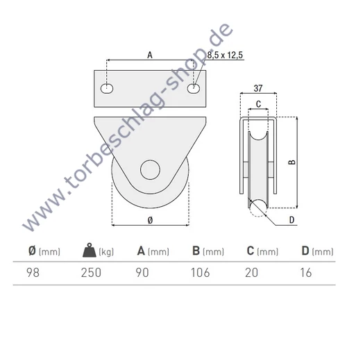 Schiebetorrolle mit Außen-Stützbock, Ø98mm, U Ø16mm Profil, kugelgelagert, Traglast 250kg