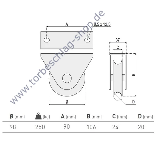 Schiebetorrolle mit Außen-Stützbock, Ø98mm, U Ø20mm Profil, kugelgelagert, Traglast 250kg