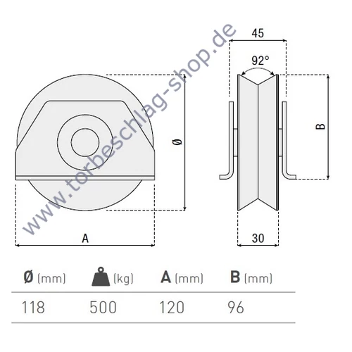 Schiebetorrolle mit Seiten-Stützbock, Ø118mm, V92° Profil, doppelt kugelgelagert, Traglast 500 kg