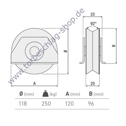 Schiebetorrolle mit Seiten-Stützbock, Ø118mm, V92° Profil, kugelgelagert, Traglast 250 kg