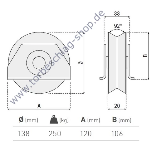 Schiebetorrolle mit Seiten-Stützbock, Ø138mm, V92° Profil, kugelgelagert, Traglast 250 kg