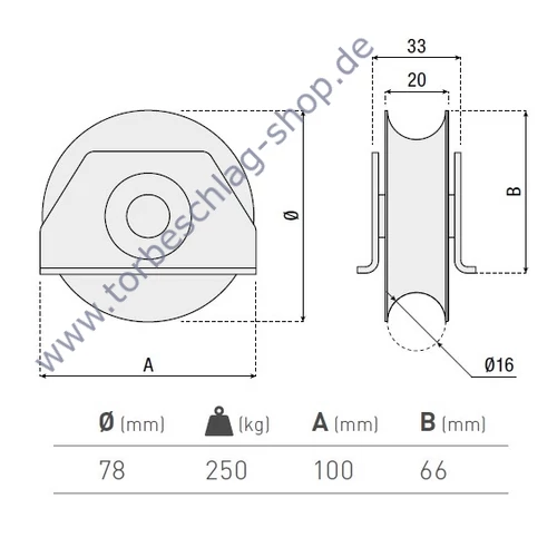 Schiebetorrolle mit Seiten-Stützbock, Ø78mm, U Ø16mm Profil, kugelgelagert, Traglast 250kg