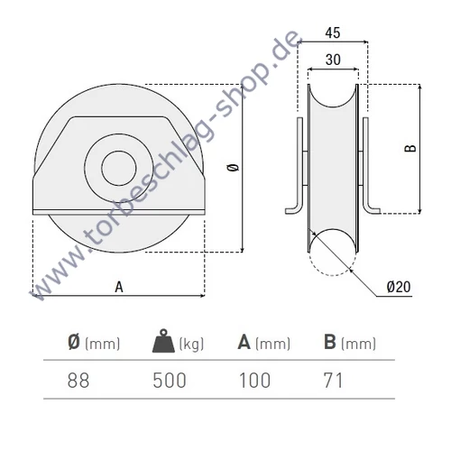 Schiebetorrolle mit Seiten-Stützbock, Ø88mm, U Ø20mm Profil, doppelt kugelgelagert, Traglast 500 kg