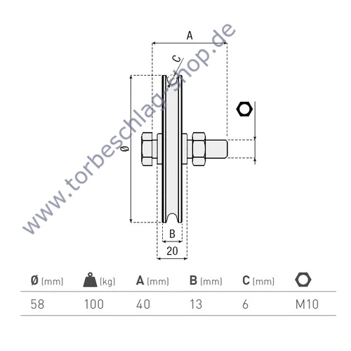 Torrolle für Kipptor, Ø58mm, mit U Ø6mm Profil, kugelgelagert, M10, Traglast 100 kg