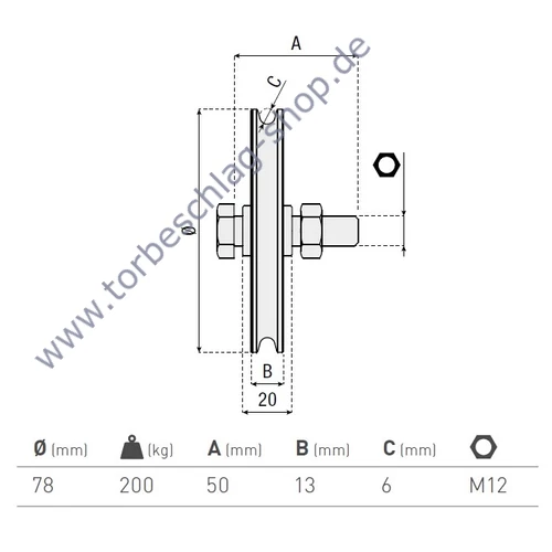 Torrolle für Kipptor, Ø78mm, mit U Ø6mm Profil, kugelgelagert, M12, Traglast 200 kg