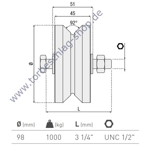 Schiebetorrolle Ø98mm, V92° Profil, doppelt kugelgelagert, Traglast 1000kg