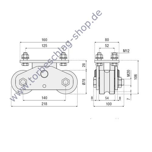 Doppel-Schiebetorrolle mit Anschraubplatte,  Ø78mm, U Ø20mm Profil, Rollen dreifach kugelgelagert, Traglast 1500kg, mit seitlichen Stabilisatorplatten