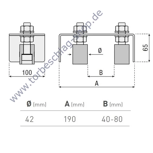 Führungsbock für Schiebetor mit 2 Führungsrollen Ø42mm, verstellbar 40-80mm