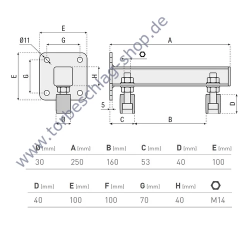 Führungsbock für Schiebetor, zum Anschrauben, mit 2 Führungsrollen Ø30mm, verstellbar bis 160mm