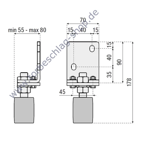 Führungsrolle für Schiebetor, zum Anschrauben, Ø40mm, verstellbar 55-80mm