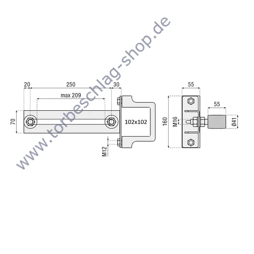 Führungsbock für Schiebetor, Montage an Vierkantrohr 102x102mm, mit 2 Führungsrollen Ø41mm, verstellbar bis 209mm