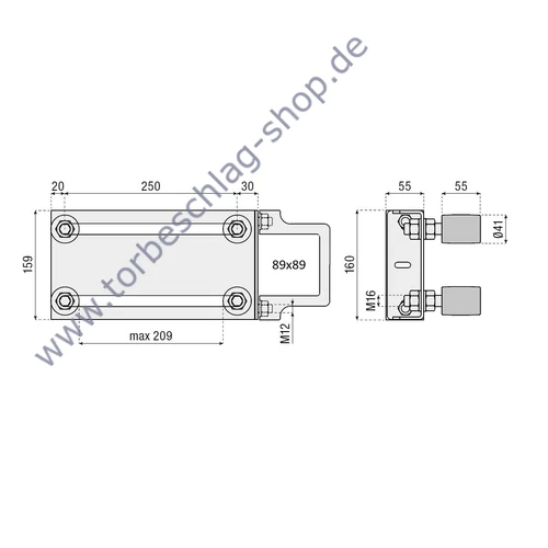Führungsbock für Schiebetor, Montage an Vierkantrohr 89x89mm, mit 4 Führungsrollen Ø41mm, verstellbar bis 209mm