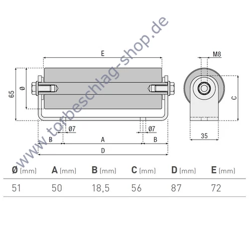 Führungsrolle für Schiebetor, mit seitlichem Bügel, Ø51mm, 72mm, M8