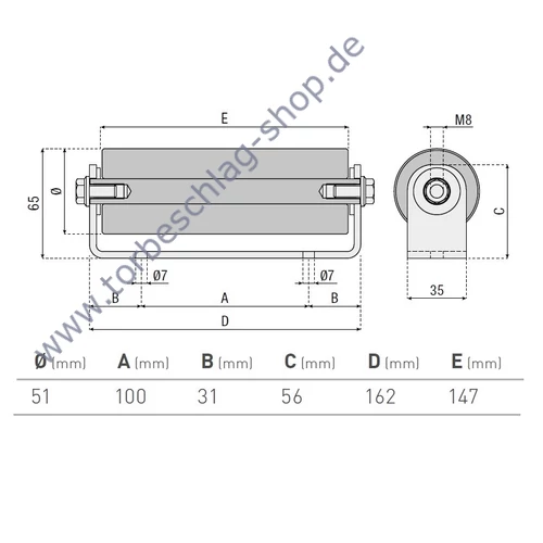 Führungsrolle für Schiebetor, mit seitlichem Bügel, Ø51mm, 147mm, M8