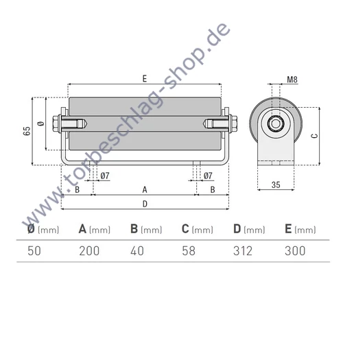 Führungsrolle für Schiebetor, mit seitlichem Bügel, Ø50mm, 300mm, M8