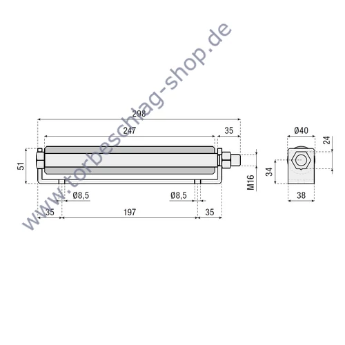 Führungsrolle für Schiebetor, mit seitlichem Bügel, Ø40mm, 247mm, M16