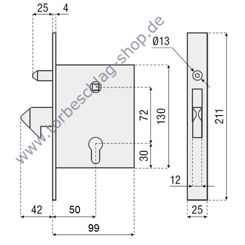 Schiebetorschloss, Hakenschloss für Torrahmenstärke 40mm,  mit Schliessblech und Doppel-Profilzylinder aus Messing, mit je 3 Schlüsseln,  Entfernung: 72mm