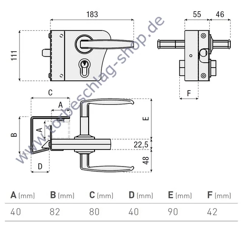 Torrahmenschloss Komplett Set zum Anschrauben, für Torrahmenstärke 50mm, mit Türdrücker, Profilzylinder aus Messing, je 3 Schlüsseln, Schliesskasten mit Anschlagpuffer