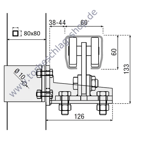 Vierkantpfosten-Konsole 80x80mm, für Laufrollenböcke Serie S und M