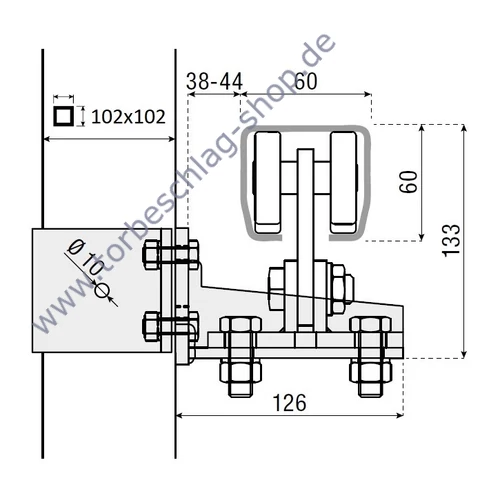 Vierkantpfosten-Konsole 102x102mm, für Laufrollenböcke Serie XM