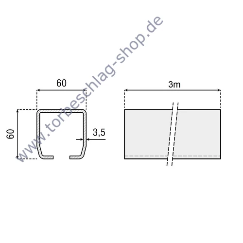 Laufschiene für freitragendes Schiebetor, Serie M, 60x60x3,5mm, 3m, roh