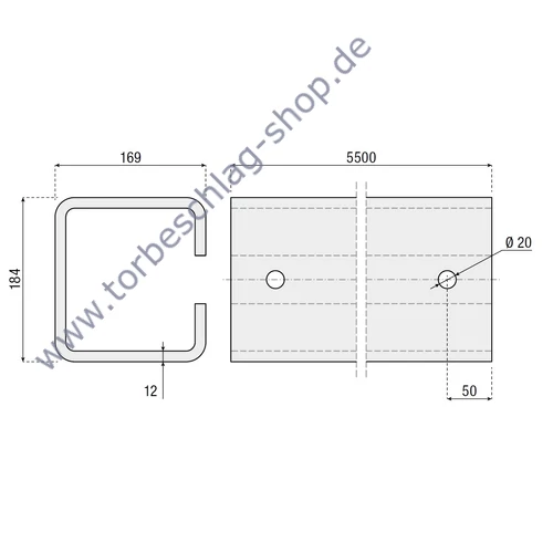 Laufschiene für freitragendes Schiebetor, Serie XXL, 184x169x12mm, 5,5 Meter, roh