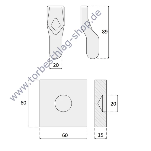 Torband Garnitur unten zum Anschweißen, Torangel 60x60mm, Ø20mm, Rohstahl