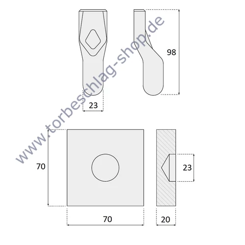 Torband Garnitur unten zum Anschweißen, Torangel 70x70mm, Ø23mm, Rohstahl