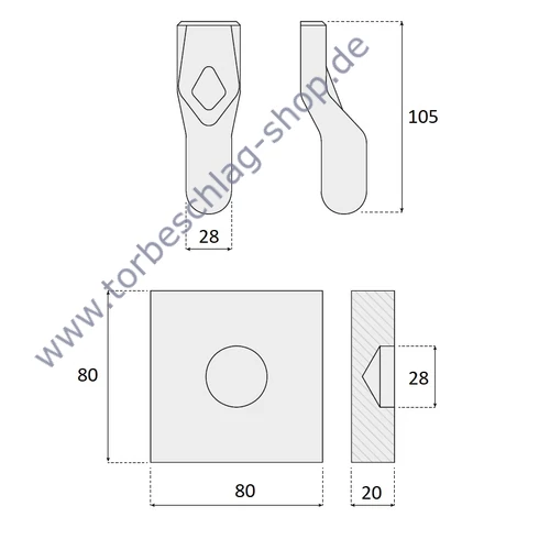 Torband Garnitur unten zum Anschweißen, Torangel 80x80mm, Ø28mm, Rohstahl