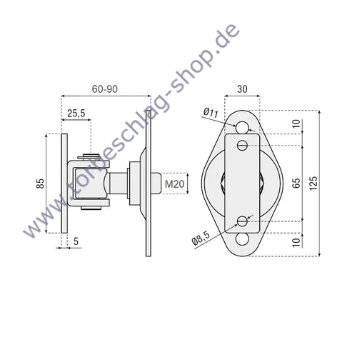 Torband verstellbar, 60-90mm, Torangel mit Anschraubplatte 70x125mm, M20, Anschraubbügel 30x85mm, Achsbolzen mit Seegerring befestigt