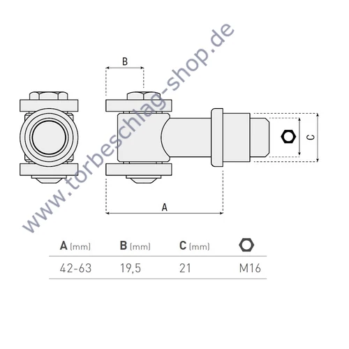 Torband verstellbar, 42-63mm, Torangel mit Anschweissplatten, M16, Anschweisshülse Ø21mm, Achsbolzen mit Schraube befestigt