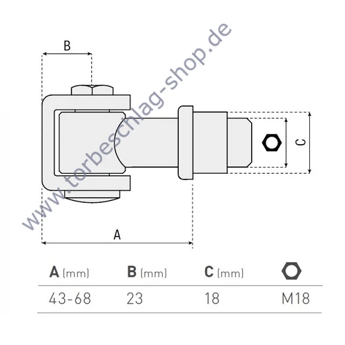 Torband verstellbar, 43-68mm, Torangel mit Anschweissbügel, M18, Anschweisshülse Ø23mm, Achsbolzen mit Schraube befestigt